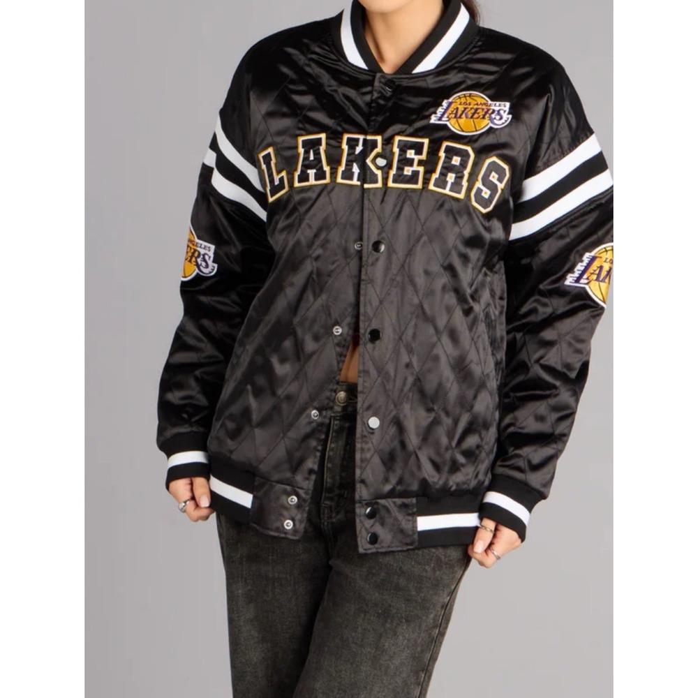Ultra Game NBA Los Angeles Lakers Quilted Satin Bomber Jacket Black Mens Medium